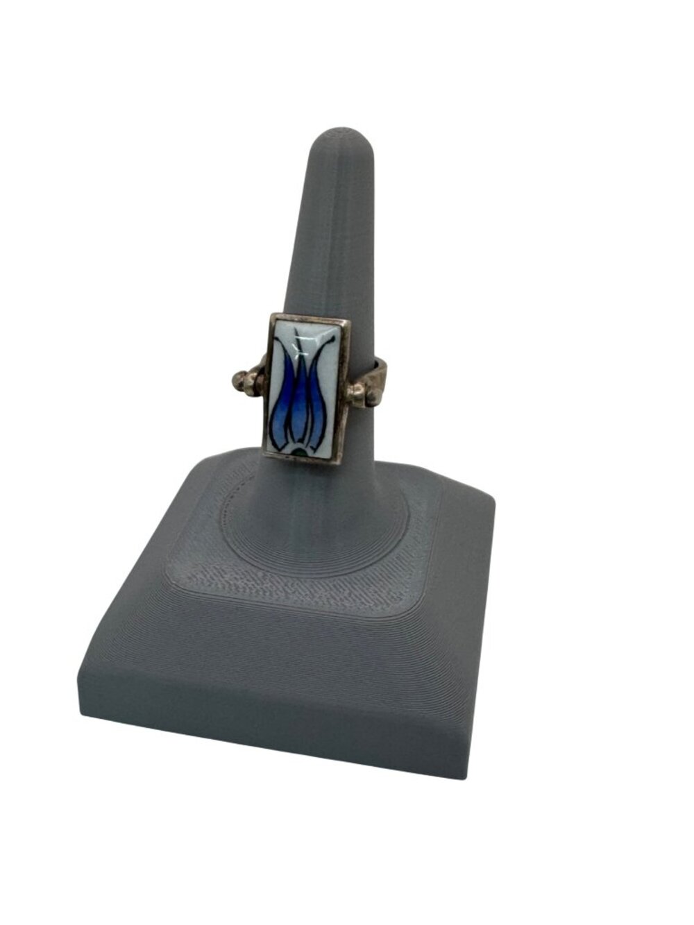 Porcelain Sterling Flip Ring Tulip Abstract Vintage Silver Blue Enamel Size 6
